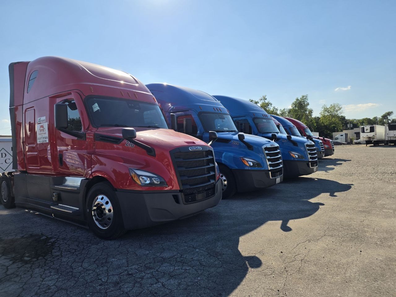 Freightage red and blue Freightliner trucks lined up at the yard